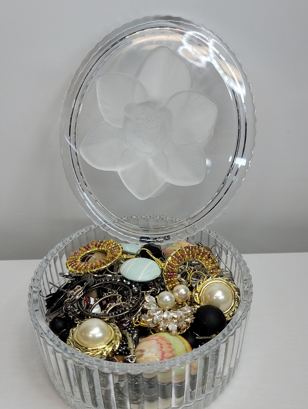 Glass Jewelry Trinket Box with Assorted Earrings